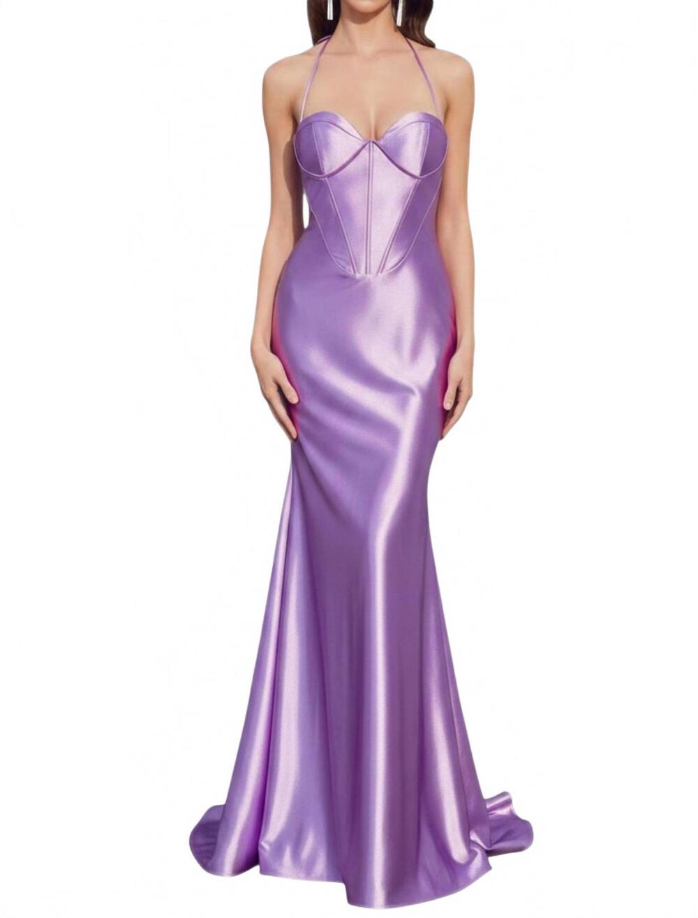 NEW CINDERELLA DIVINE halter satin corset fitted prom dress in lavender